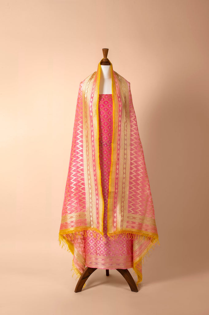 Handwoven Pink Chanderi Suit Piece