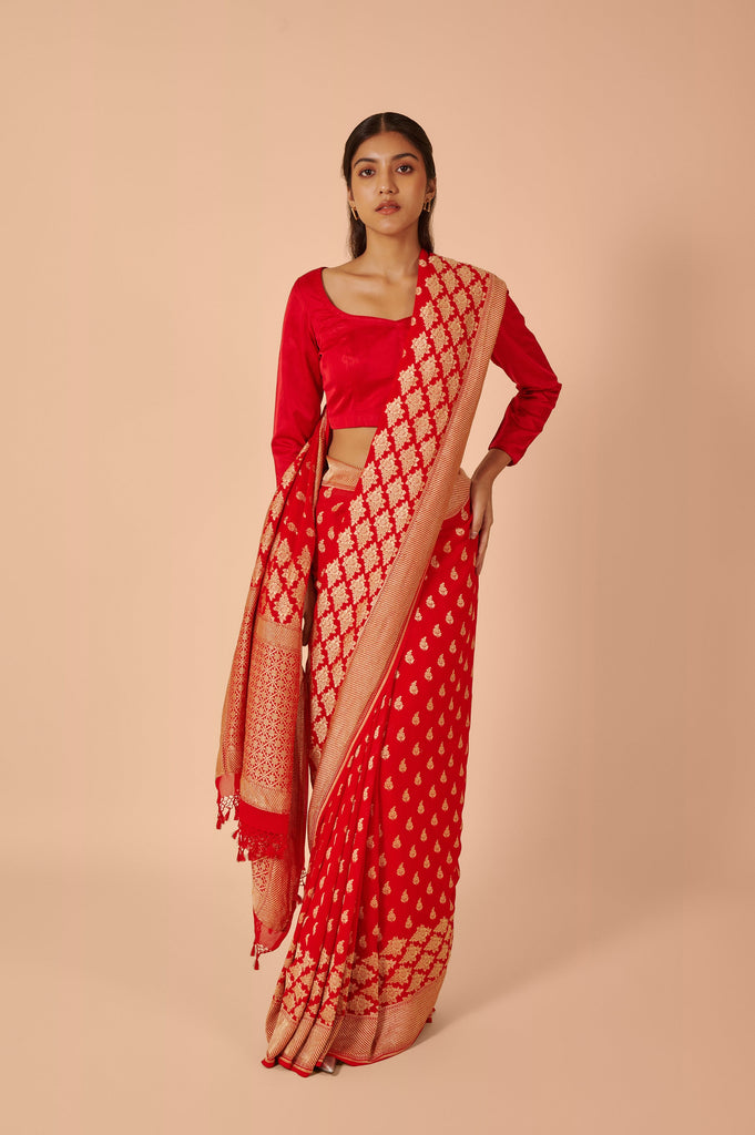 Handwoven Red Georgette Sari