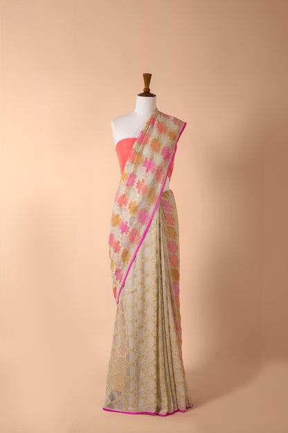 Handwoven Peach And Ivory Georgette Sari