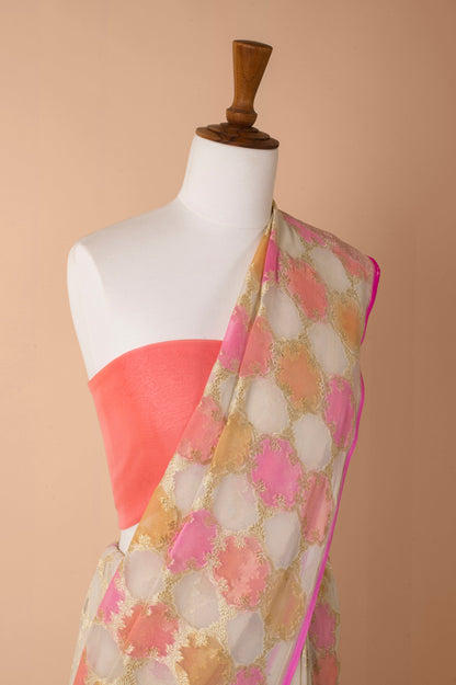 Handwoven Peach And Ivory Georgette Sari