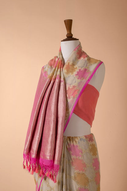 Handwoven Peach And Ivory Georgette Sari