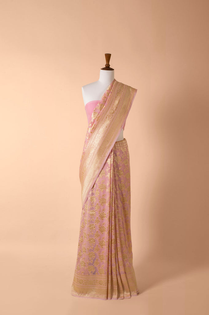 Handwoven Pink Georgette Sari