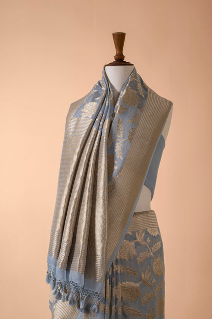 Handwoven Blue Georgette Sari