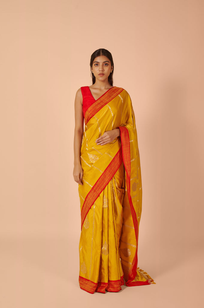 Handwoven Yellow Satin Silk Sari