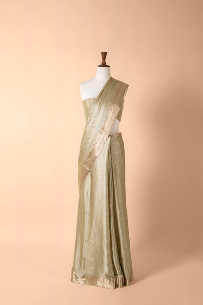 Handwoven Green Satin Crepe Sari