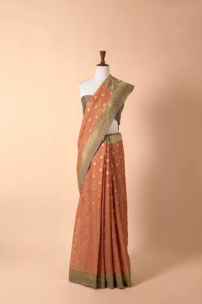 Handwoven Peach Tissue Sari