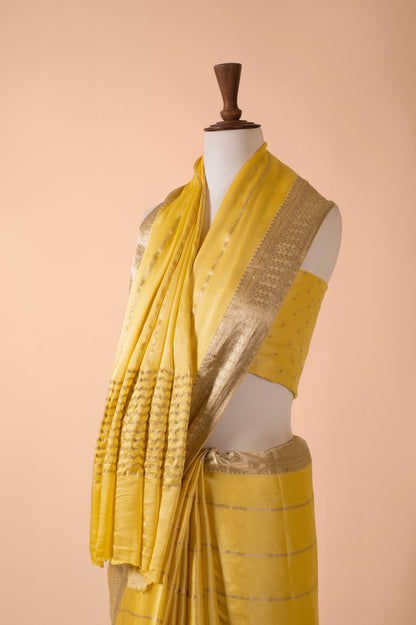 Handwoven Yellow Satin Crepe Sari