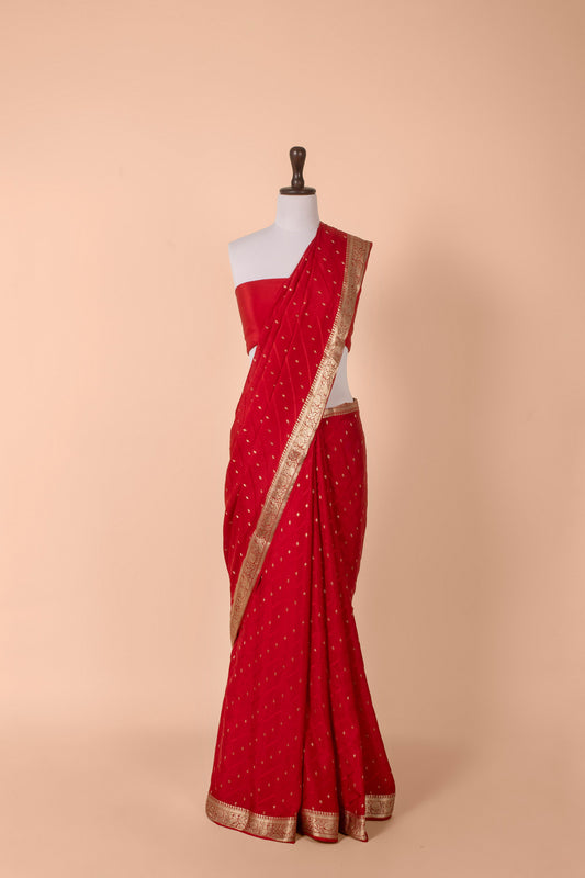 Handwoven Red Crepe Saree