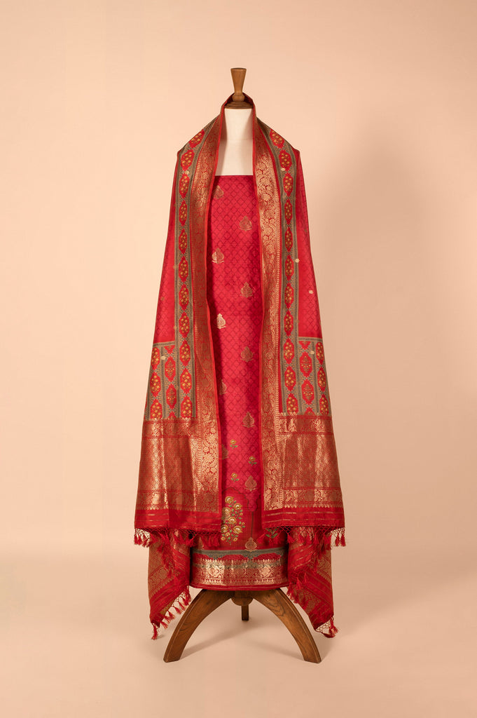 Handwoven Red Digital Printed Silk Suit Piece
