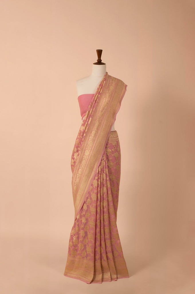 Handwoven Pink Georgette Sari