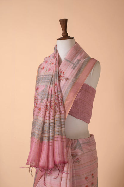 Handwoven Pink Chanderi Sari