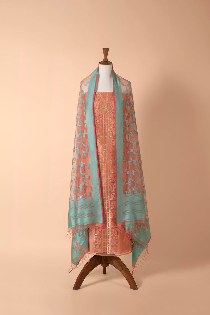 Handwoven Pink Banarasi Net Suit Piece