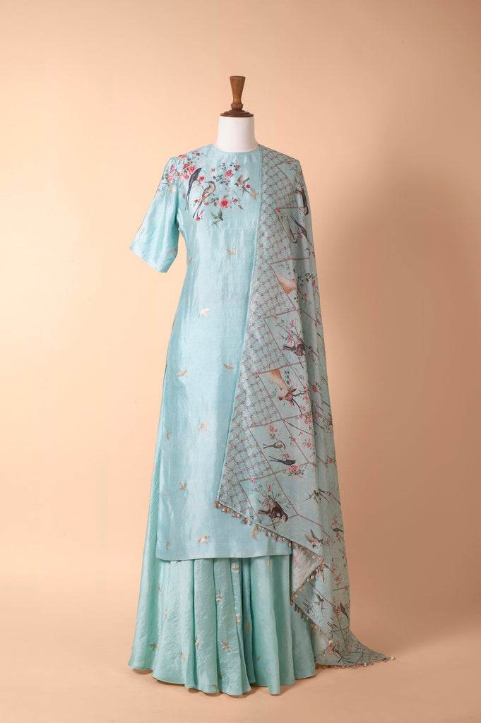 Handwoven Light Blue Digital Printed Silk Suit