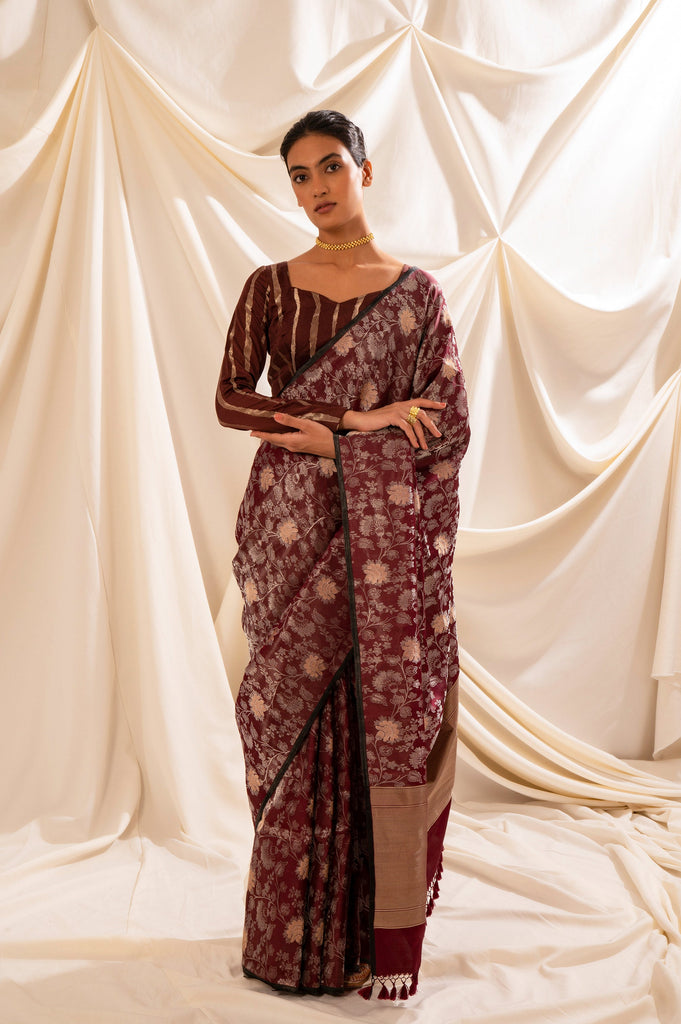 Handwoven Garnet Satin Tissue Sari