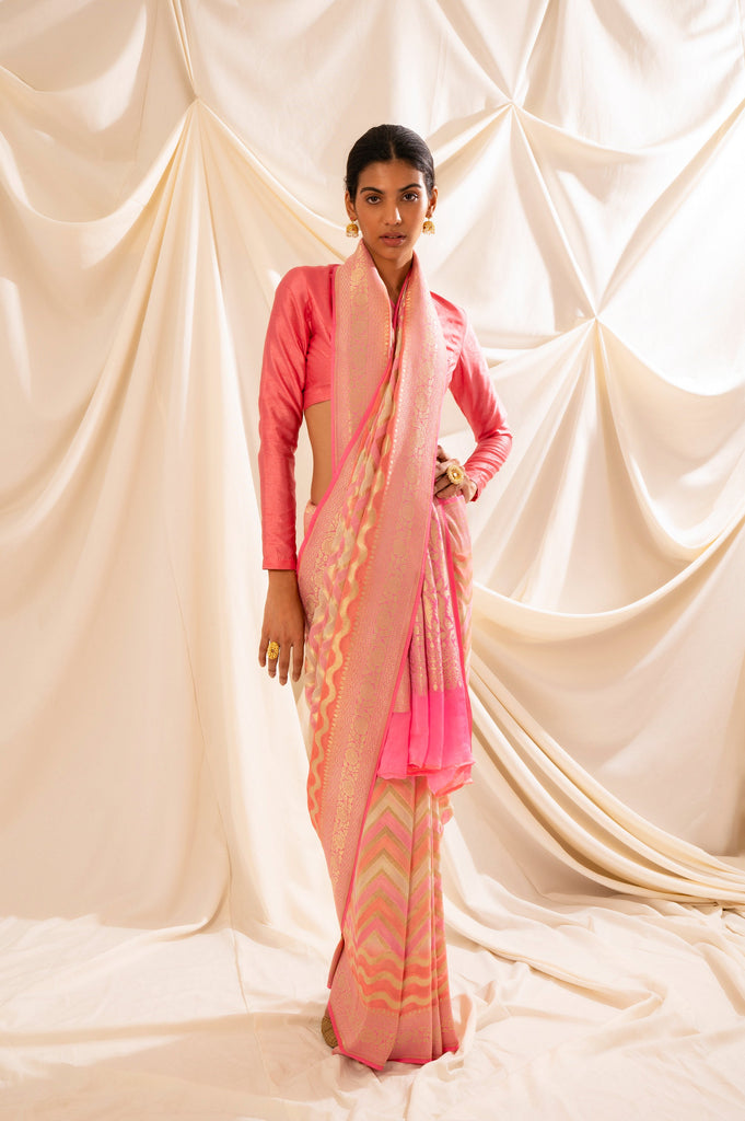 Handwoven Pink Georgette Sari