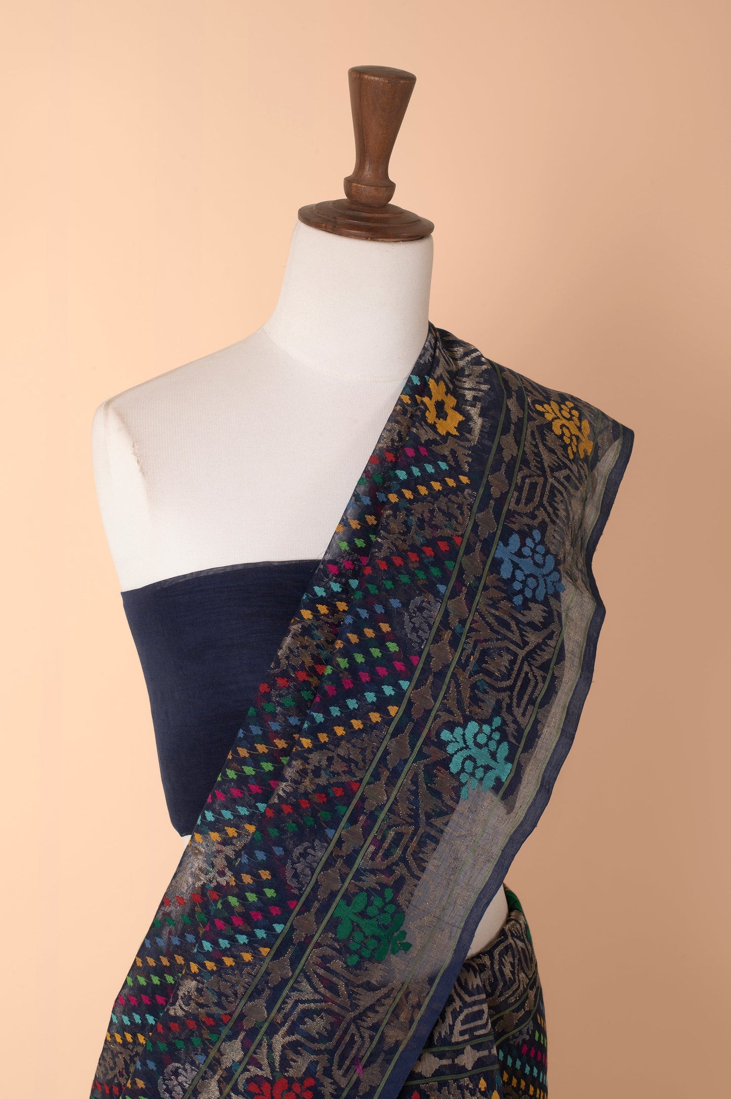 Handwoven Blue Real Zari Jamdani Cotton Saree