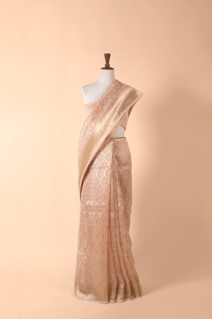 Handwoven Peach Organza Sari