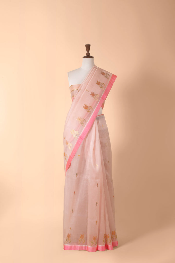 Handwoven Pink Organza Sari