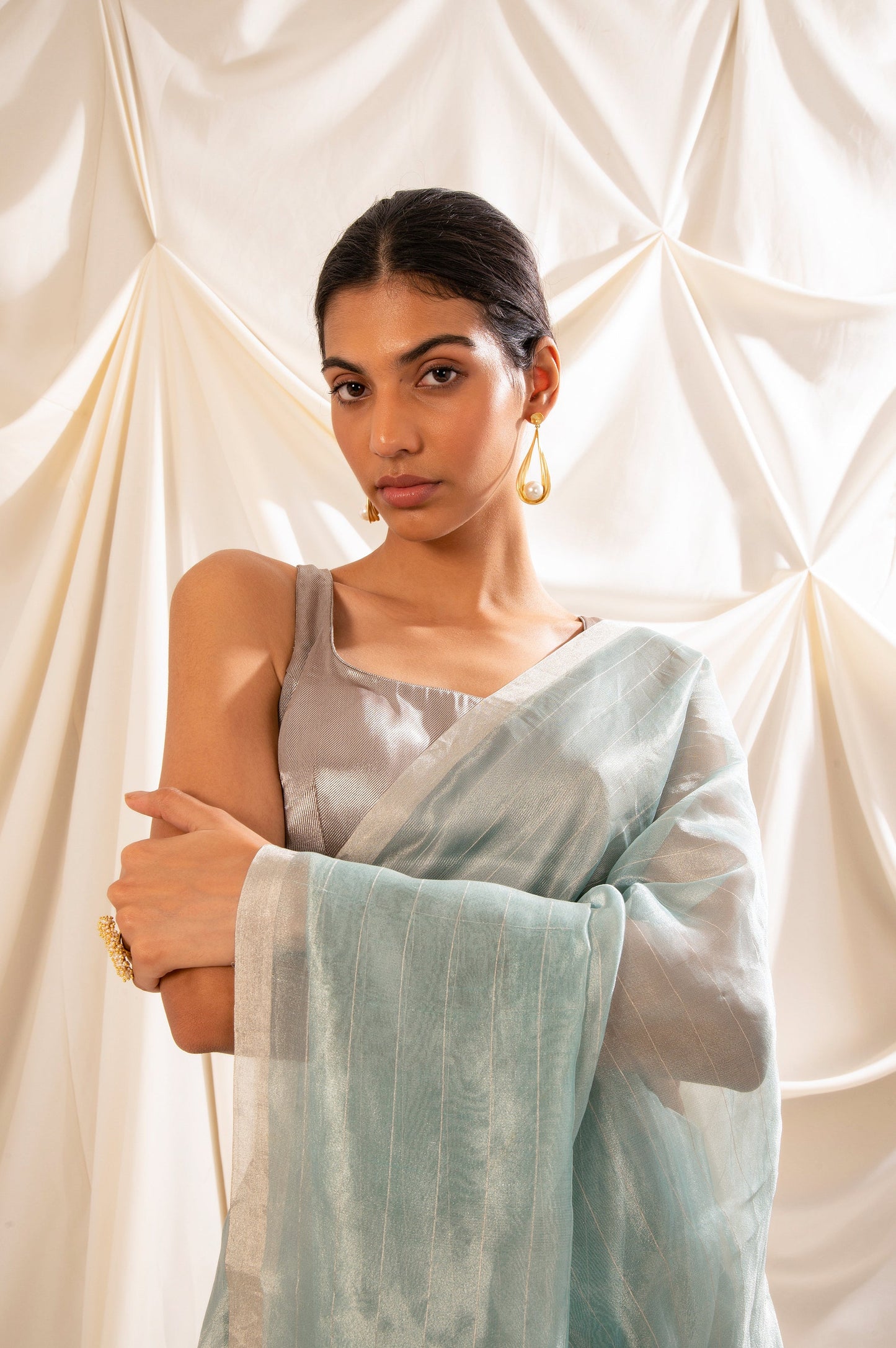 Handwoven Blue Tissue Organza Sari