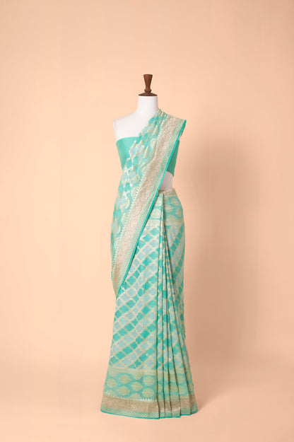 Handwoven Turquoise Georgette Sari