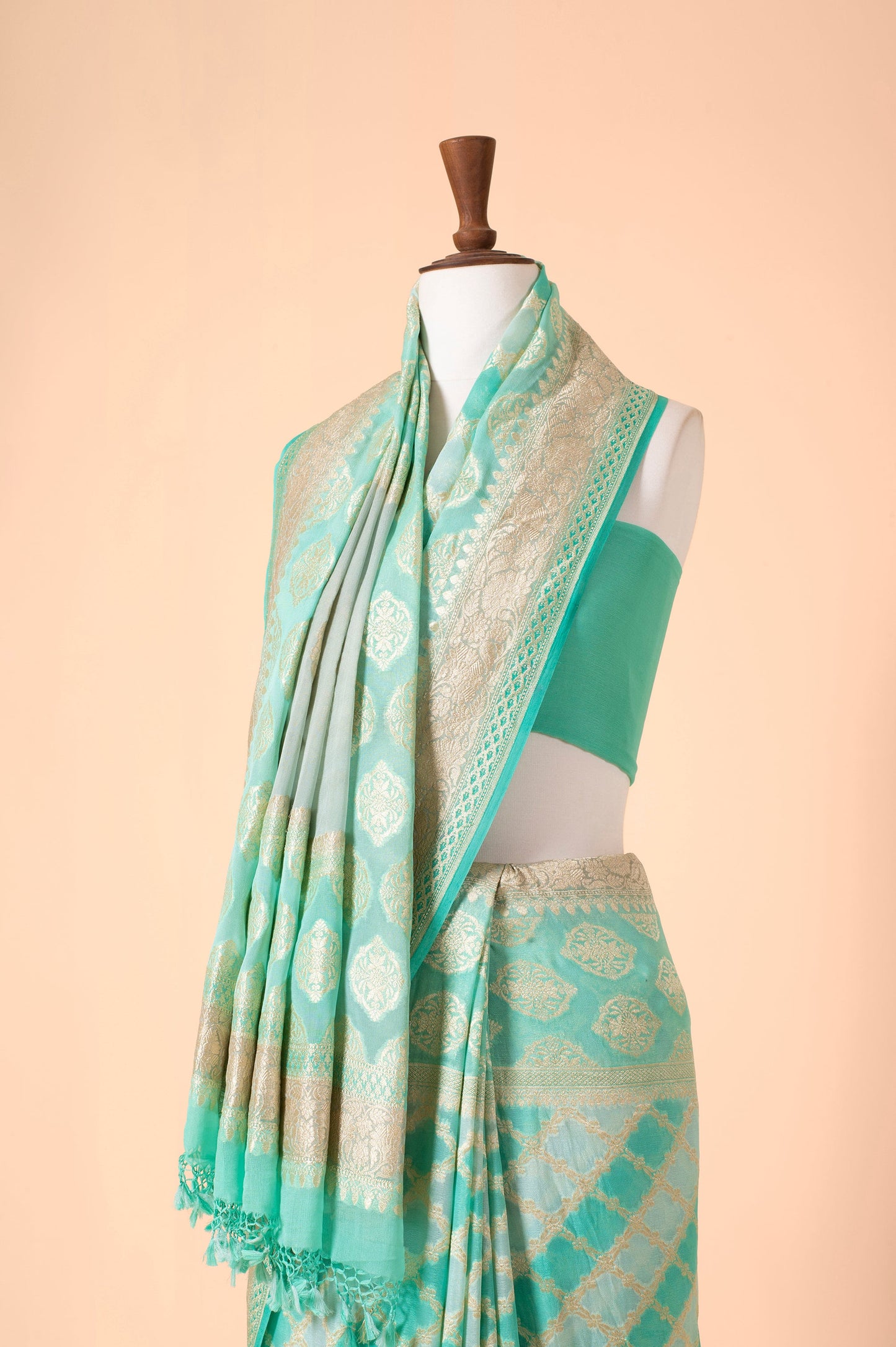 Handwoven Turquoise Georgette Sari