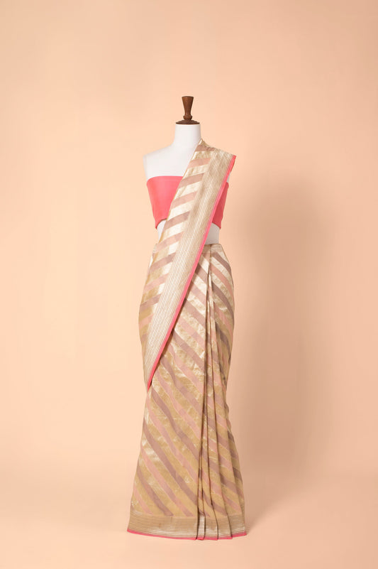 Handwoven Peach Georgette Sari