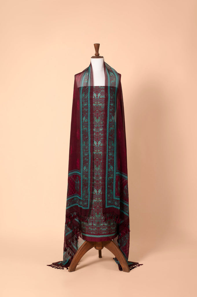 Handwoven Burgundy Satin Silk Suit Piece