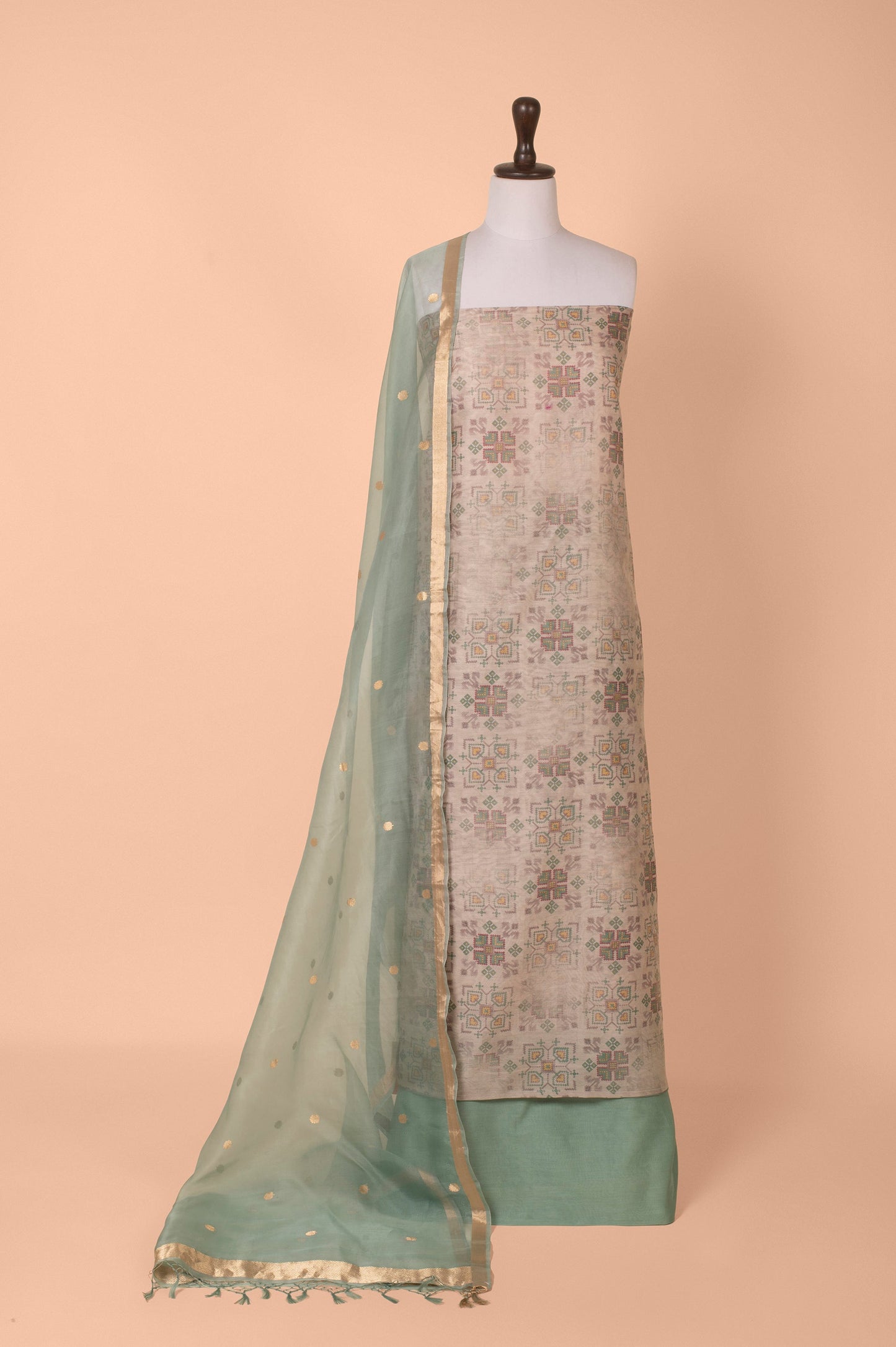 Handwoven Grey and Green Digital Printed Chanderi Suit Piece