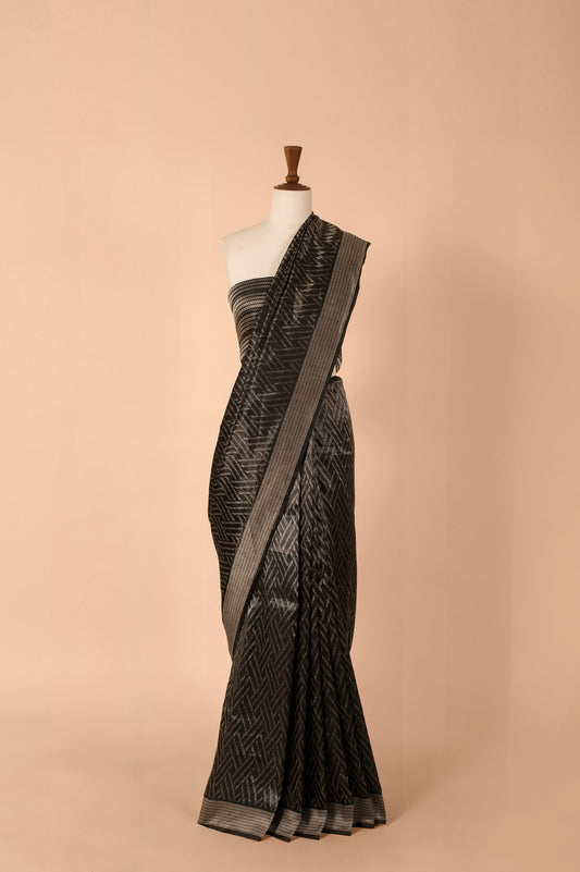 Handwoven Black Satin Silk Saree