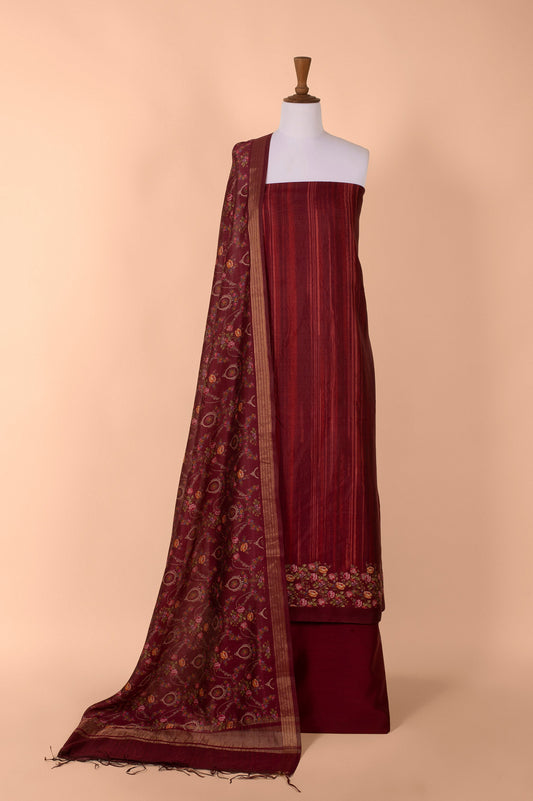 Handwoven Wine Digital Printed Silk Suit Piece