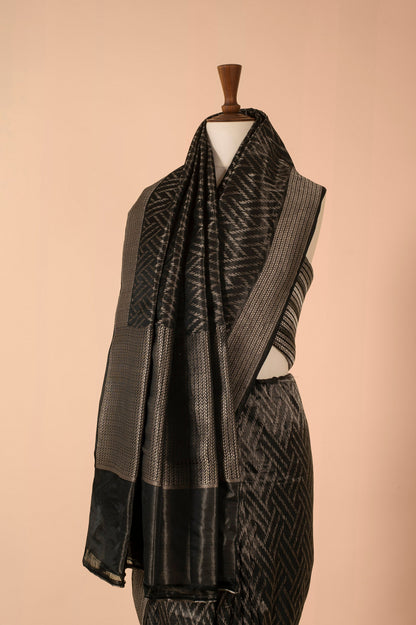 Handwoven Black Satin Silk Saree