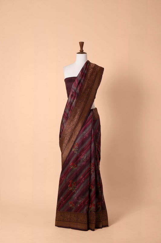 Handwoven Burgundy Digital Printed Tussar Silk Sari