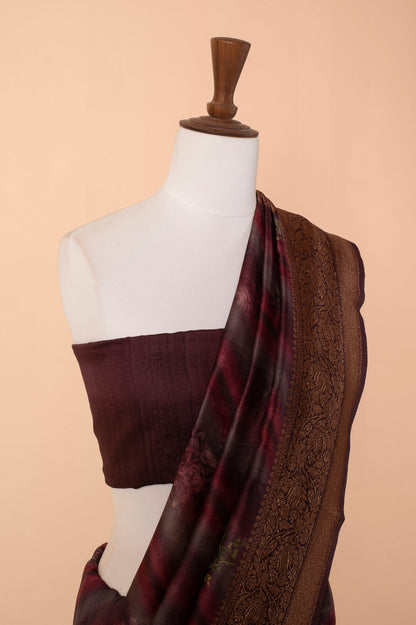 Handwoven Burgundy Digital Printed Tussar Silk Sari