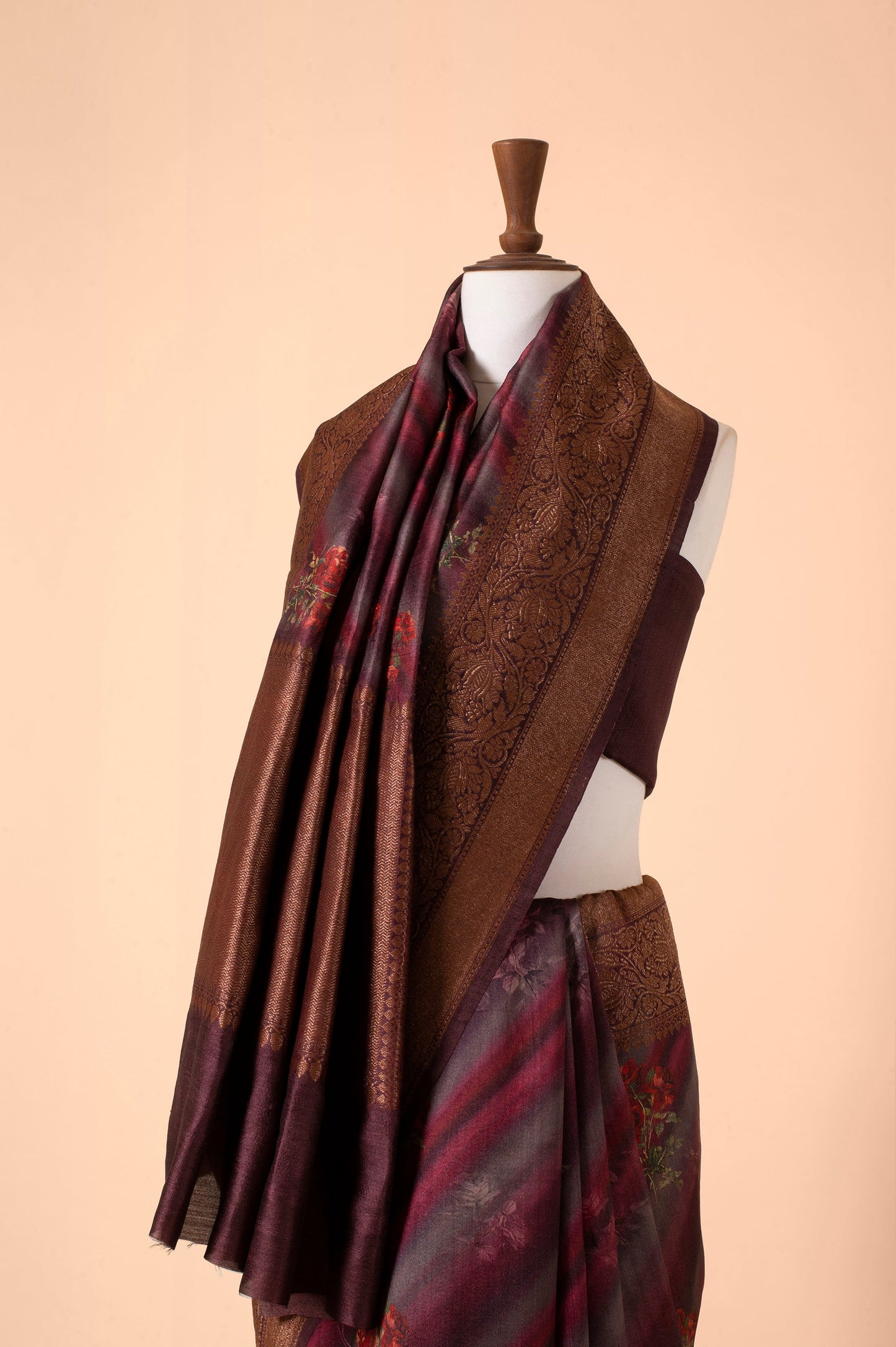 Handwoven Burgundy Digital Printed Tussar Silk Sari