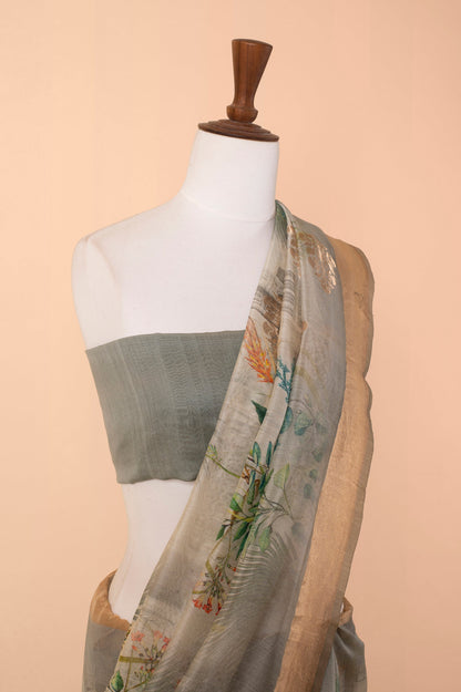 Handwoven Grey Digital Printed Chanderi Sari