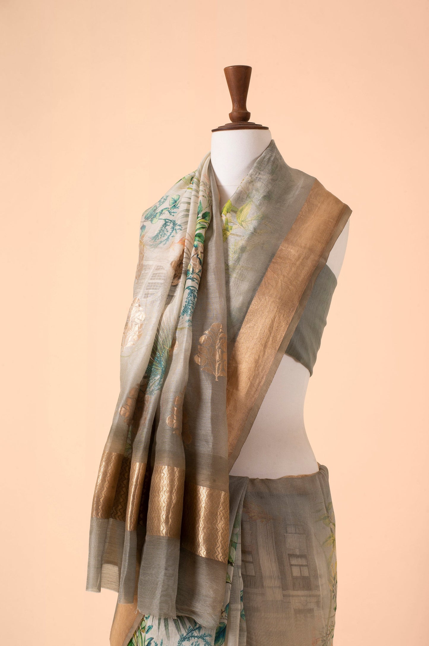 Handwoven Grey Digital Printed Chanderi Sari