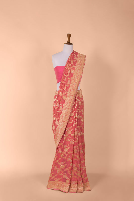 Handwoven Pink Georgette Sari