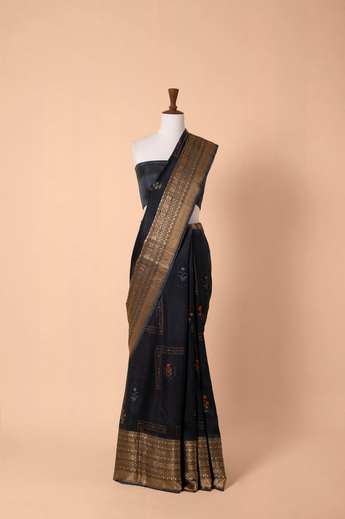Handwoven Grey Digital Printed Silk Sari