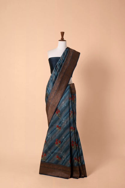 Handwoven Forest Green Digital Printed  Tussar Silk Sari