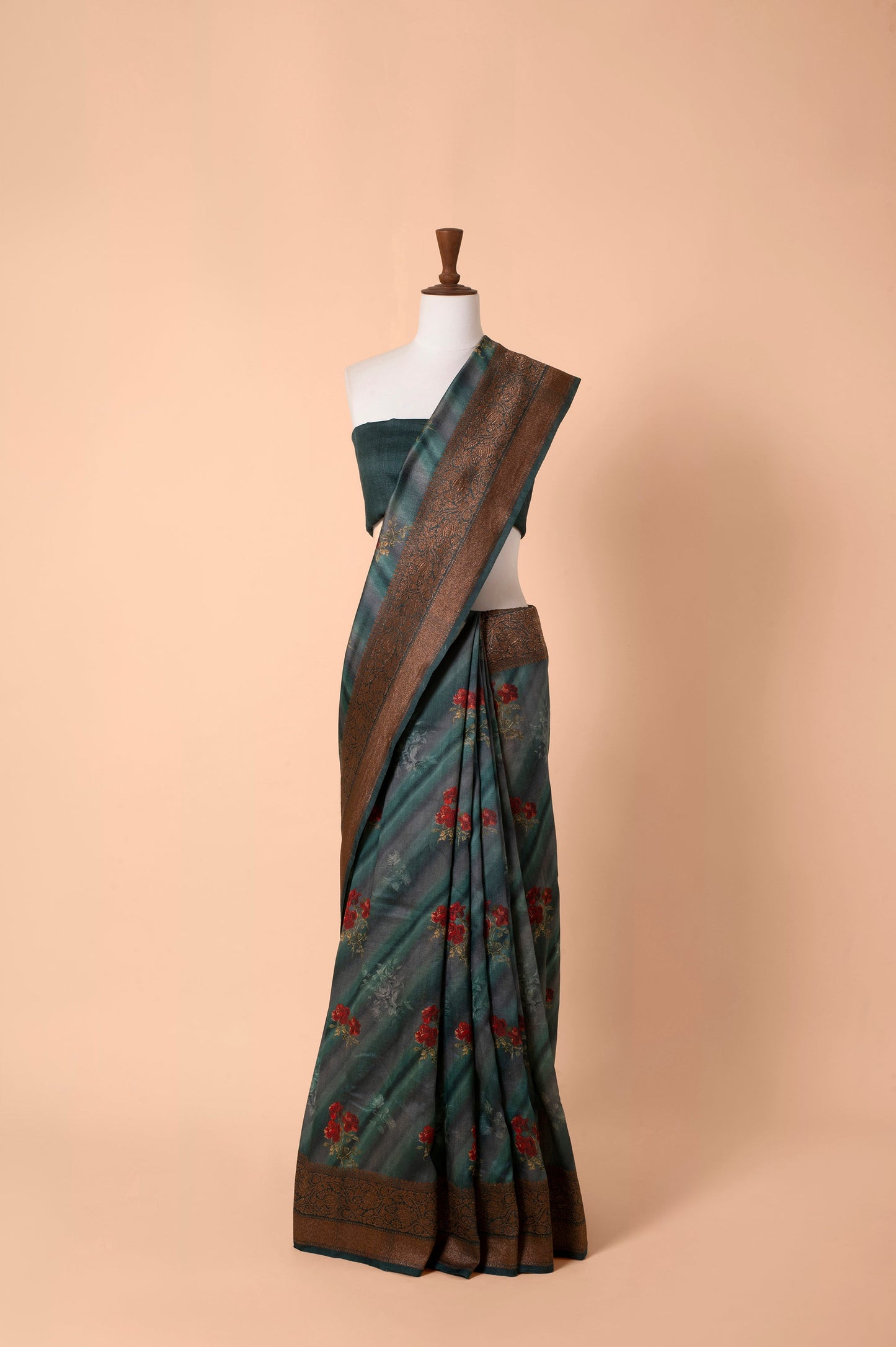 Handwoven Deep Blue Digital Printed Tussar Silk Sari