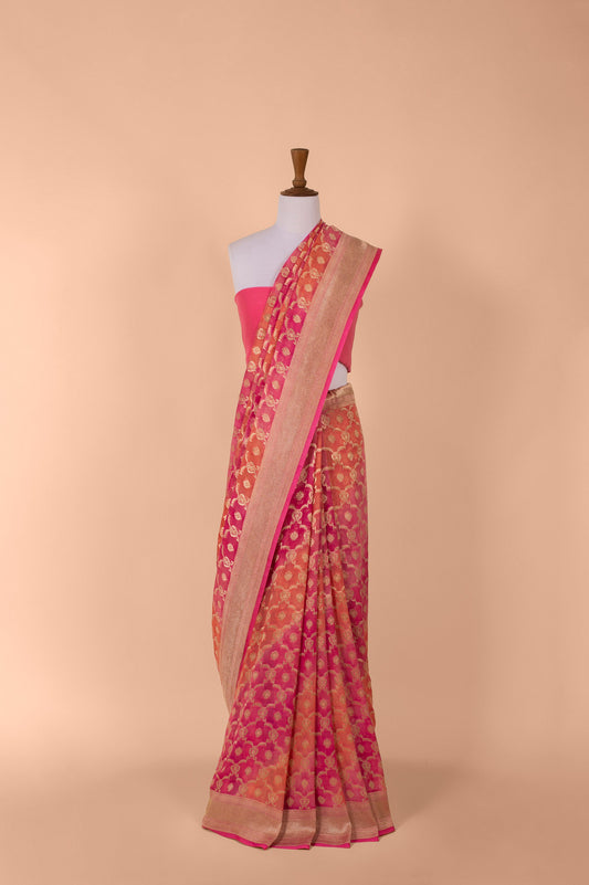 Handwoven Pink Georgette Sari