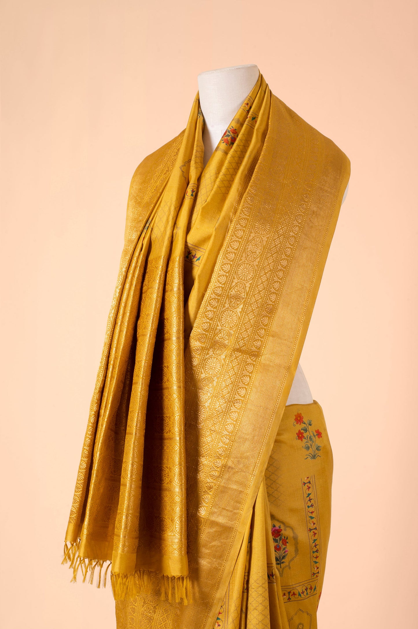 Handwoven Mustard Digital Printed Silk Sari