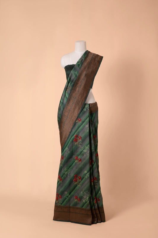 Handwoven Forest Green Digital Printed Tussar Silk Sari