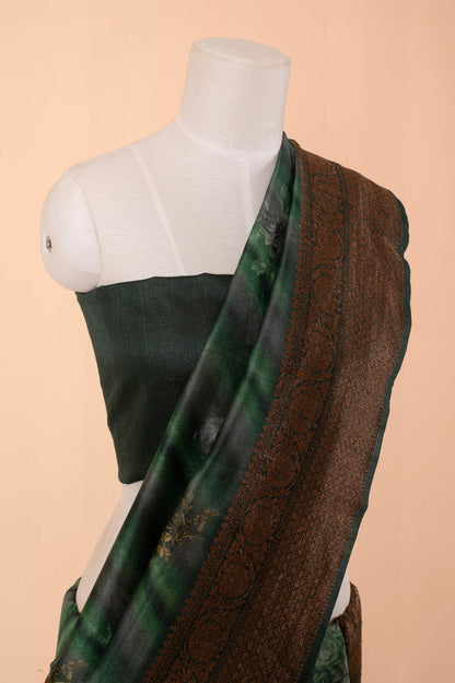 Handwoven Forest Green Digital Printed Tussar Silk Sari