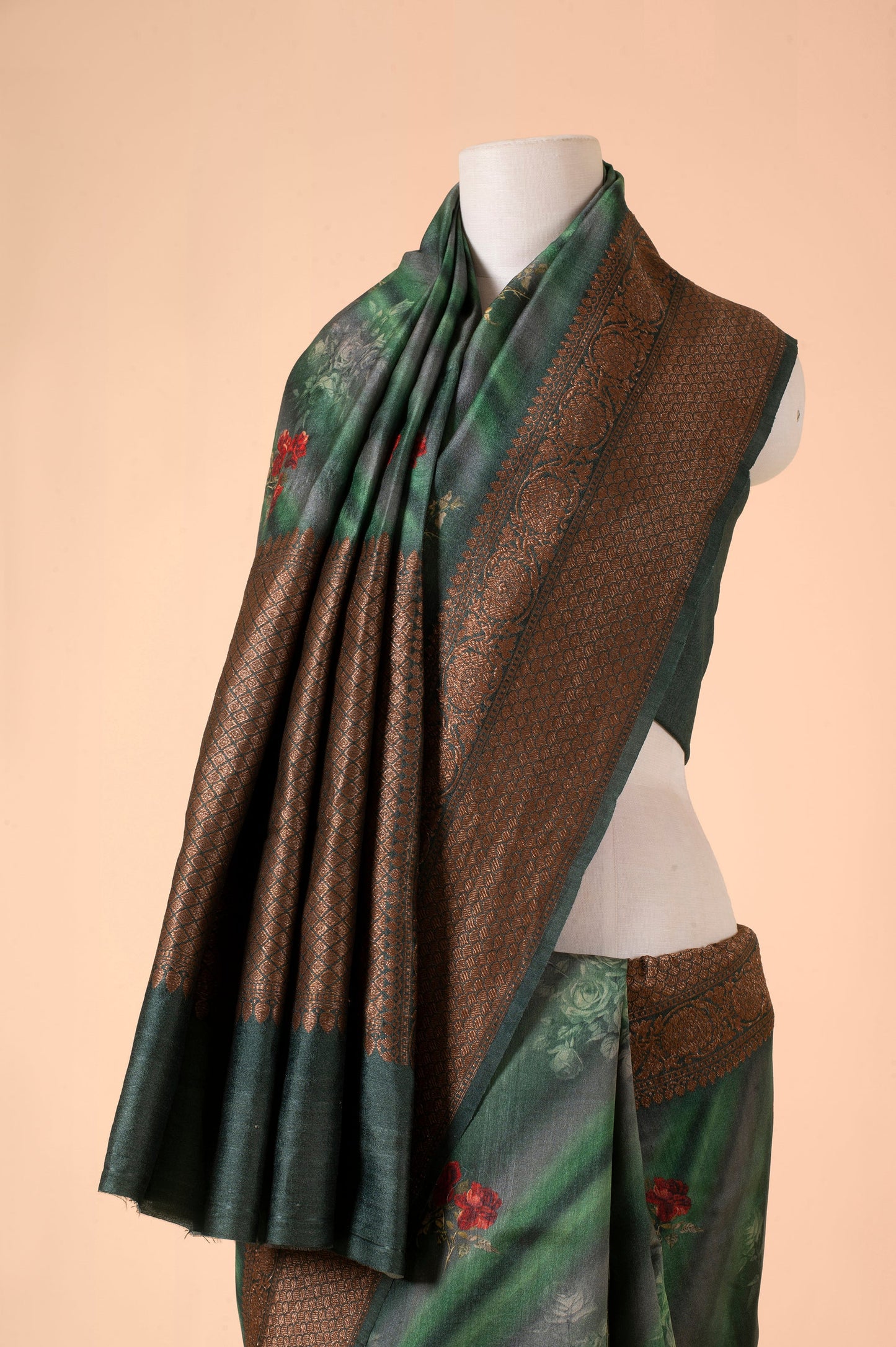 Handwoven Forest Green Digital Printed Tussar Silk Sari