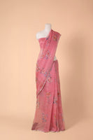 Handwoven French Pink Digital Printed Organza Silk Sari