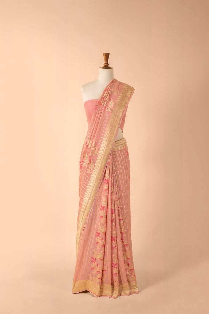 Handwoven Pink Georgette Sari