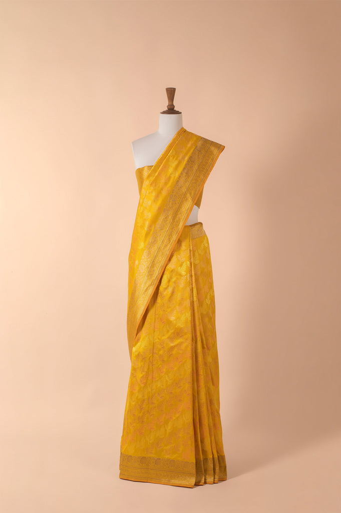 Handwoven Yellow Satin Silk Sari
