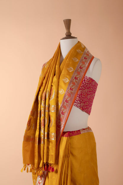 Handwoven Yellow Satin Silk Sari