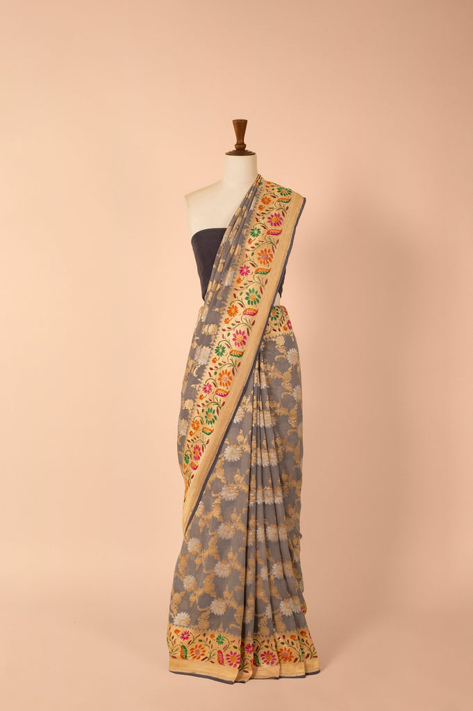 Handwoven Grey Georgette Sari